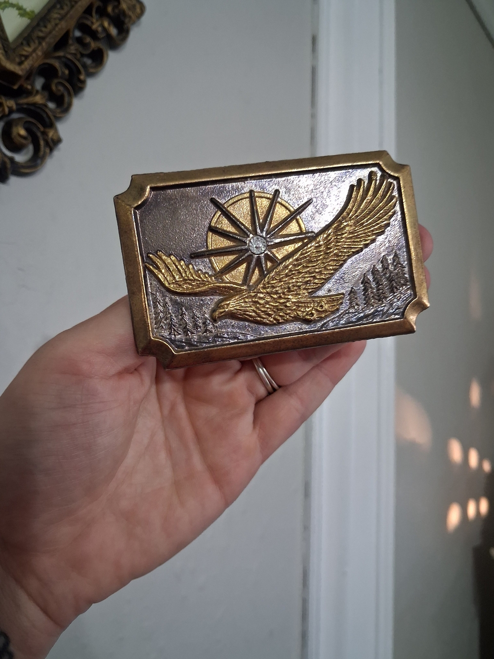Vintage belt buckle americana eagle sun stone silver and gold plated 1970s 80s